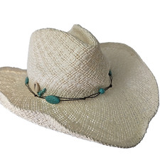 Western Shapeable Hat L/XL White Paper Aqua Beaded Band Summer Festival Shells