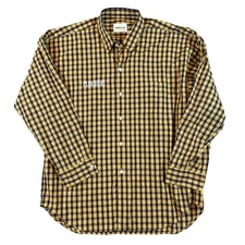 Monkey Time Pleasures Checkered Shirt Size L Large Yellow Plaid Cotton Button Up