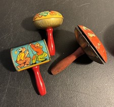 3 Vintage Lithograph Tin  Wood Noise Maker Rattles New Years Party