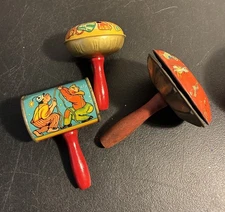 3 Vintage Lithograph Tin & Wood Noise Maker Rattles New Years Party