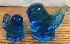 Blue Bird of Happiness Glass Paperweight Pair Signed Leonard Ward 1992