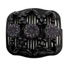 Women Magic Hair Combs Wood Beaded Stretch Double Side 11cmx8cm, Round Black