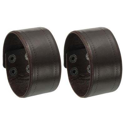 1.5Inch 2Pcs Wide Simple Leather Wristbands, Two Rows Buckles, Dark Brown