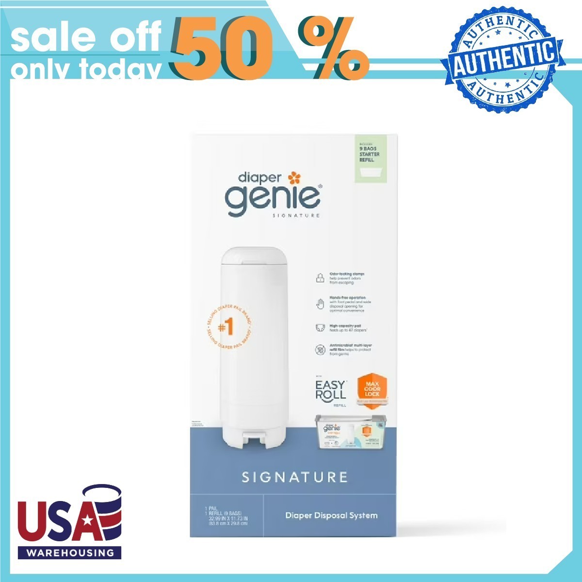 Genie Signature Pail, White, 1 Diaper Pail, 1 Easy Roll Refill 9 Bags