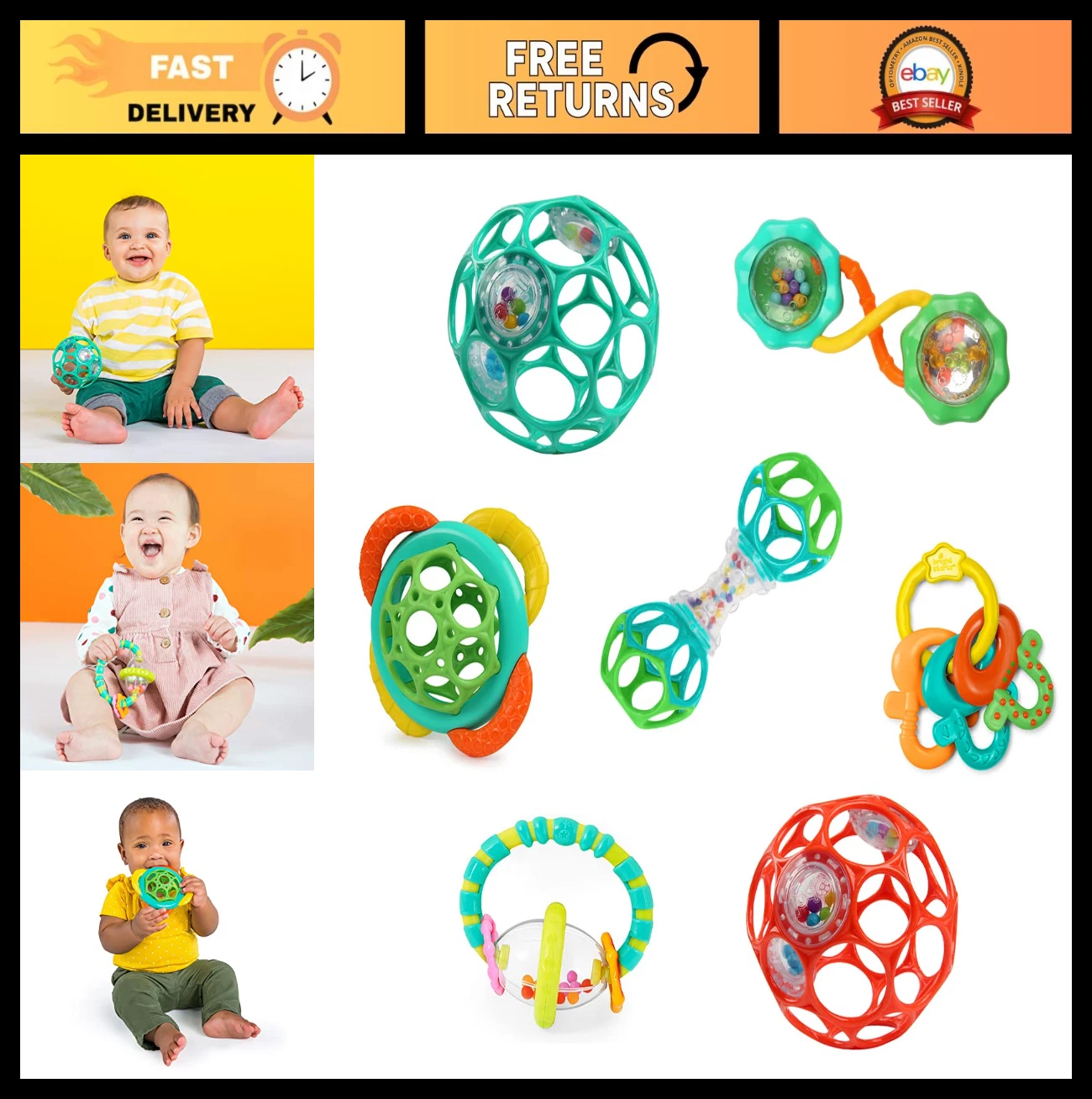 7pc Baby Rattles, Teethers & Stroller Toys Gift Set - BPA-Free, Unisex, Newborn+
