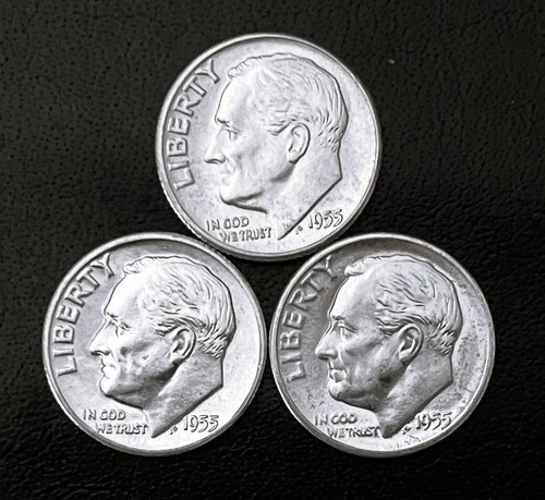 1955 P-D-S 10c SILVER Roosevelt Dime  Bright  BU Year Set.  (R152)