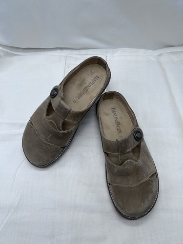 Haflinger Leather Nubuck Sz 41 T-Strap Slides Clogs US W10 Cork Light Brown EUC - Picture 2 of 12