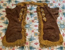 Vintage Western Leather Cowboy Chaps WORN Large Brown W/ Gold Fringe