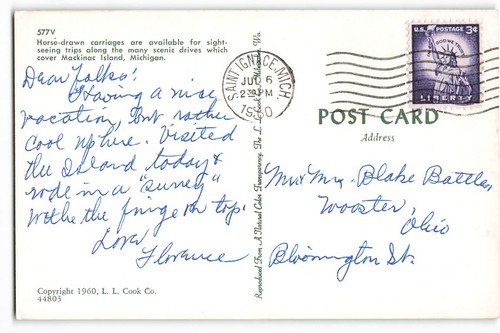 1960 Pferdekutschen, Mackinac Island, Michigan Vintage Postkarte SK3. - Bild 2 von 2