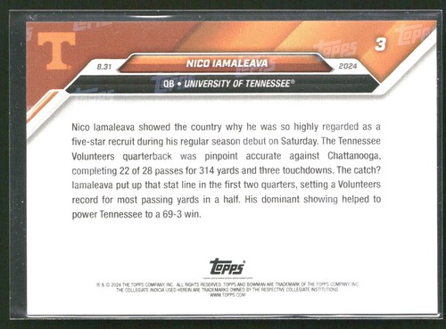 Nico Iamaleava 2024 Bowman U Now Tennessee Volunteers - Imagen 2 de 2