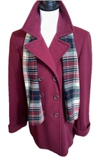 Liz Claiborne Coat Wn’s Small Wool Maroon Jacket/Scarf Peacoat Double Breasted