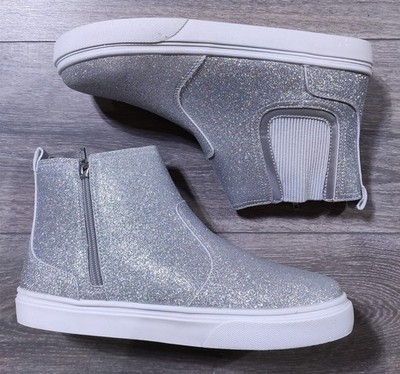 Lands End Sneaker Boots Big Girls Size 7 Silver Glitter Side Zip Slip On Shoes