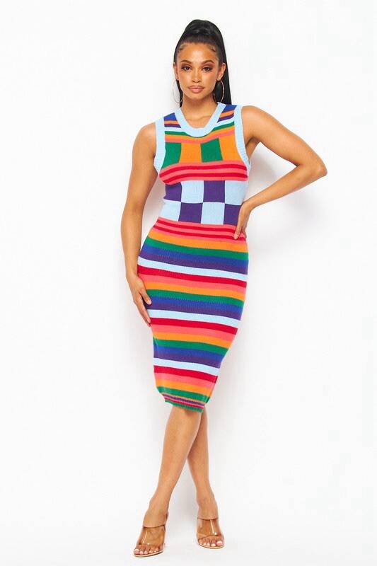 Women Knit Pencil Bodycon Dress Medium M Striped Multicolored Rainbow  Stretch