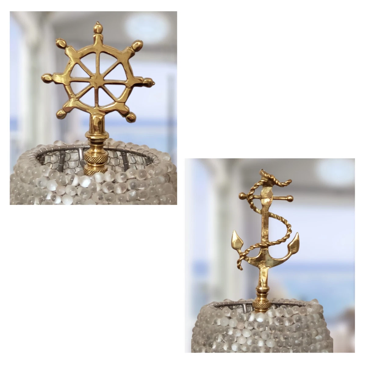 Vintage Brass Nautical Lamp Finials Ships Wheel Roped Anchor
