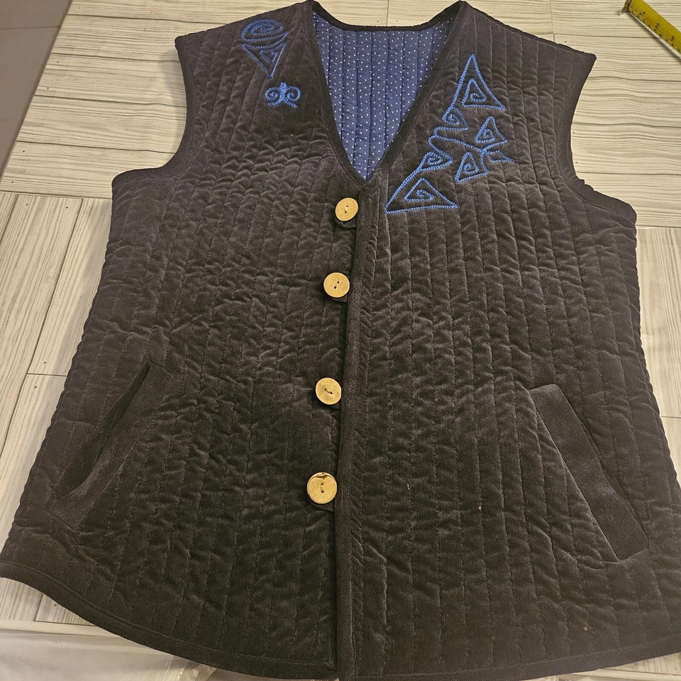 Chaleco Acolchado Negro y Azul Para Hombres Grande Cuatro Botones Bolsillos Festival Gitano Rey Foto 3 de 4