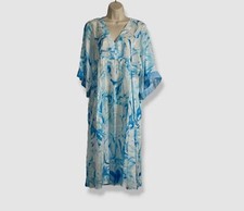 405 Johnny Was Women's Blue Silk Ruched V-Neck Kimono Midi Slip Dress Size S