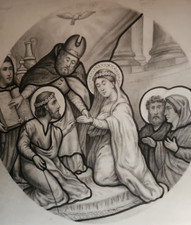 XIXe Grand Dessin Projet Ancien Vitrail ART Bruin Ainé MARIAGE Marie & Joseph