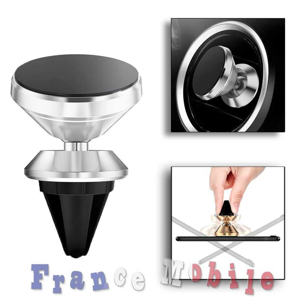 Suppor magnetique voiture smartphone telephone mobile universel rotatif Argent