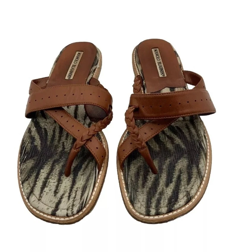 Manolo Blahnik Sandalias Planas Cuero Marrón Punta Cruzada Zapatos 37.5 EE. UU. 7 Foto 2 de 4