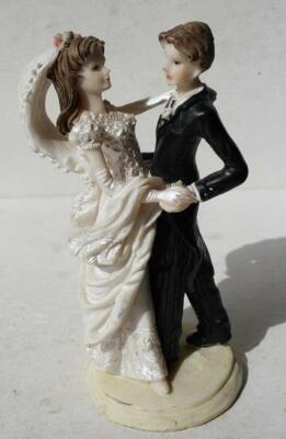 Bride and Groom Figurine Young Brown Haired Couple Dancing Resin Unmarked Figure