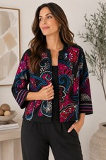 Choices Women's XL Embroidered Patchwork Jacket Black Cotton Boho Artsy Cardigan