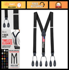 Men's Black Leather Button-End Suspenders, 1.25" Tuxedo Braces, Formal Accessori