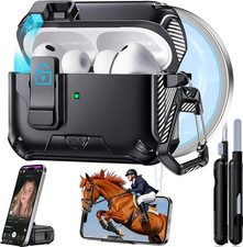 Safety Lock Case for AirPods Pro 3 with Auto-Open Lid  Phone Stand, Black