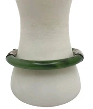 Vintage Estate Sterling Silver Gray-Green Jade Hinged Bangle Bracelet 38.5g