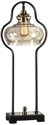 Industrial Table Lamp 28 1/2" Tall Aged Black Iron Amber Glass Living Room House - Picture 2 of 3