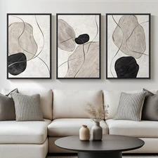 Framed Black and White Abstract Wall Art for Living Room, Large 3 Piece Neutr...