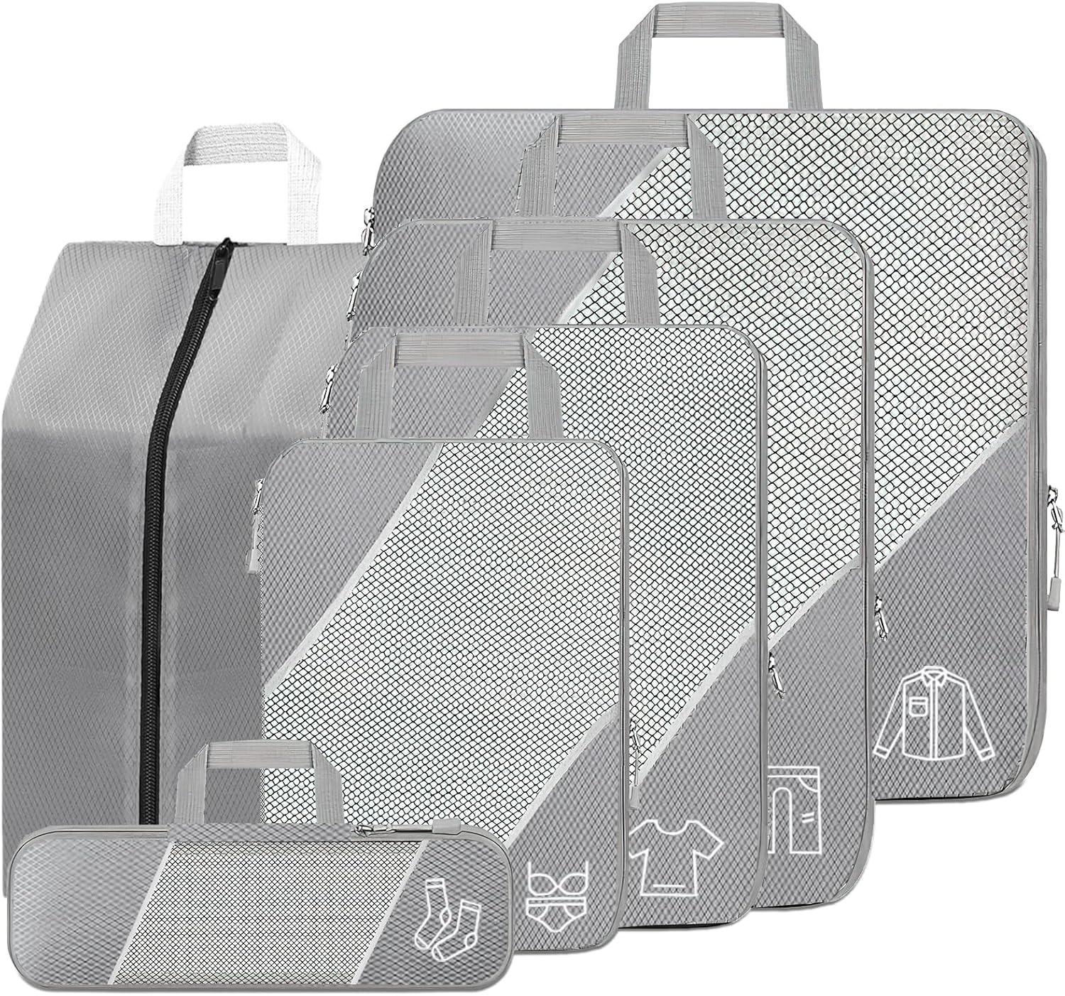 SINZUX Compression Packing Cubes, 6 PCS Grey Extensible Ultralight Packing Cube