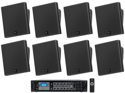 8) JBL SLP12/T-BK Sleek Low-Profile On Wall Mount 3'' 70v Commercial Speakers+Amp