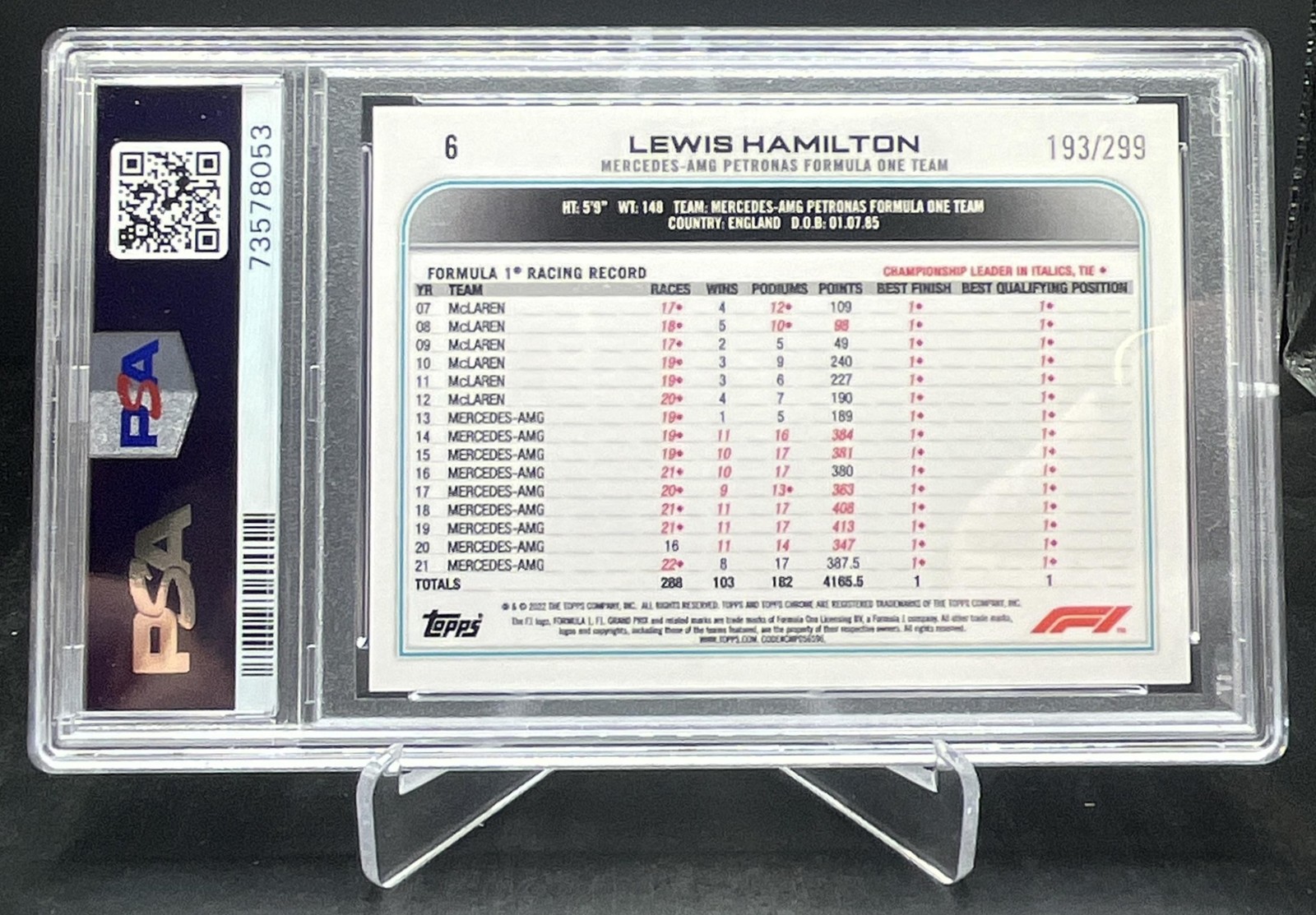 2022 Topps Chrome Formula 1 F1 Lewis Hamilton Mini Diamond 193/299 PSA 9 #6 view 2