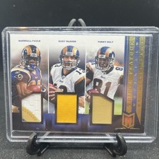 2012 Panini Momentum Triple Feature Materials Faulk / Warner / Holt No. 10 #/25