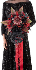 12 Inch Cascade Wedding Bouquets for Bride, Black  Burgundy Cascading Bridal Bo