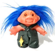 Thomas Dam Fisherman Troll Doll, Blue Hair, 5" tall Vintage 1986