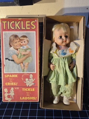 Deluxe 1963 TICKLES Doll 21'' Platinum Blonde In Box  giggles spanking Untested