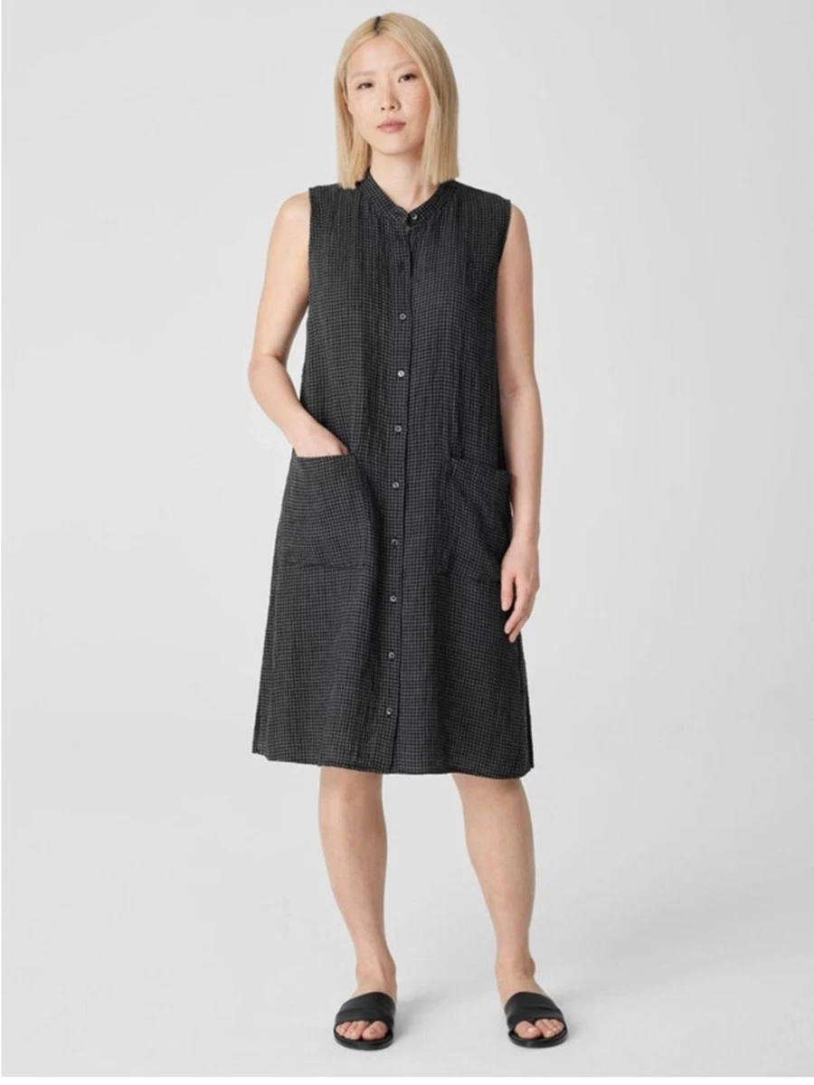 chinese dress ladies Linen Check Pattern Waist Sash Relaxed Maxi Shirtdress main image 0