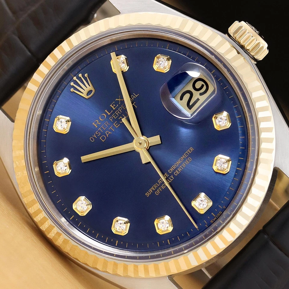 ROLEX DATEJUST 1601 14K GOLD STEEL BLUE DIAMOND WATCH w/ BLACK LEATHER STRAP