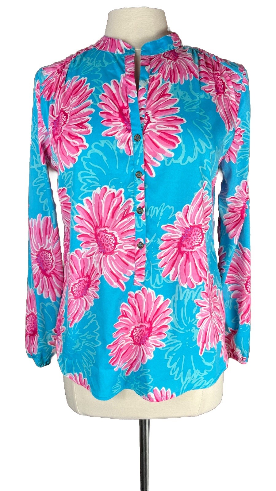 Buckhead Betties (Sz S) Blouse Bright Blue Pink Floral Pattern Flowy Tunic Top