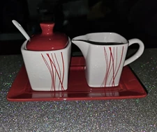 Red & Beige Squiggle 5 Piece Sugar & Creamer Ceramic Set & Spoon