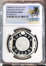 1985 B V ISLANDS SILVER 20 DOLLARS GOLD DOUBLOON NGC PF 69 ULTRA CAMEO TOP POP