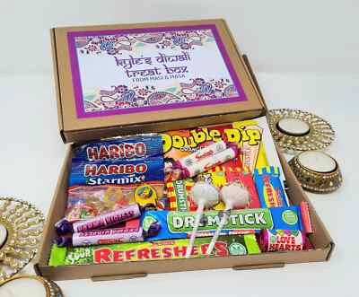 TREASURED FOREVER Personalised Diwali Sweets Box Kids Gift Hamper Candy Retro Vegan Treats