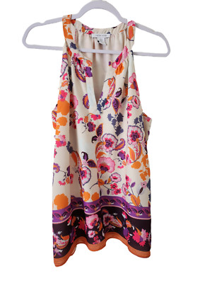 Tabitha Webb Womens Sleeveless Tunic Top Ivory Multicolor Floral Y-Neck Size L