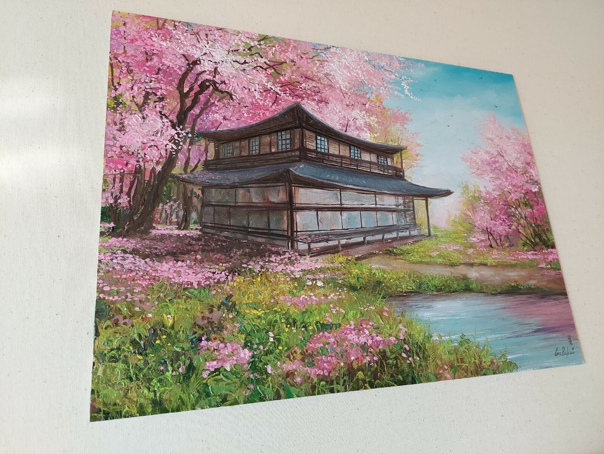 Japanese morning Cherry tree oil painting. Blossoming sakura