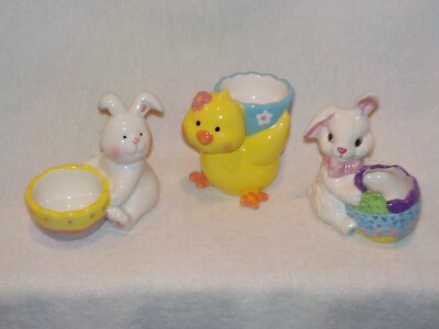 3 Small Ceramic Easter Bunnies & Chickie Holder Figurines