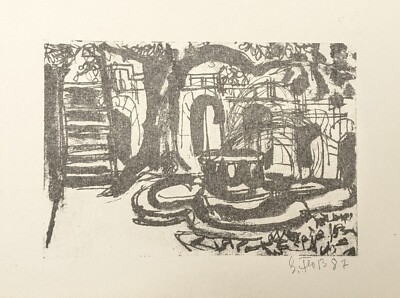 Gerhard Floß, Baum mit Springbrunnen, Druck, signiert, datiert, 1987