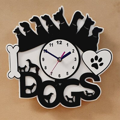 3D Wanduhr, ''I LOVE DOGS'' viele Hunde rund um Knochen, Pfote & Herz Batterie inkl.