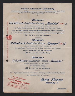 HAMBURG, Prospekt 1950, Gustav Kleemann Hochdruck-Stopfbüchsen-Packung Excelsior