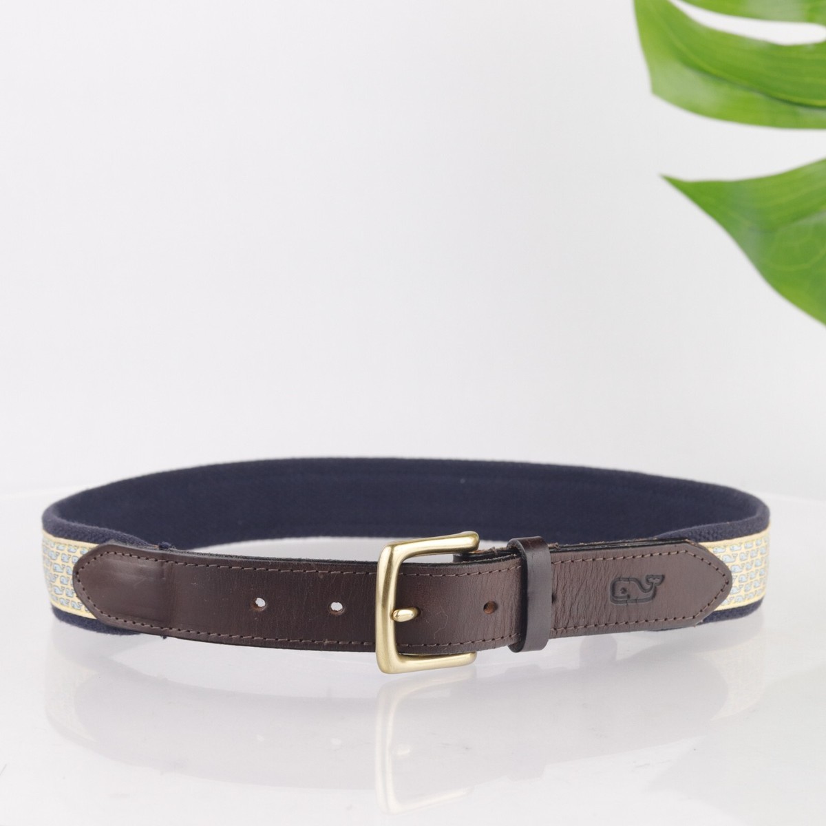 Vineyard Vines Whale Printed Navy Belt Brown Leather Accents Size 30 Flag Whale Needlepoint Belt on Vineyard Blue by Vineyard  main image 4